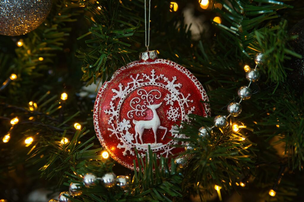 A red ornament hanging from a christmas tree